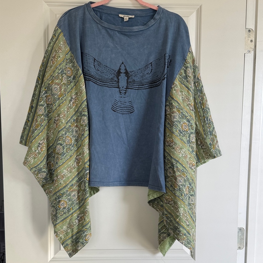 Blue and Green Women's Top with Bird Design